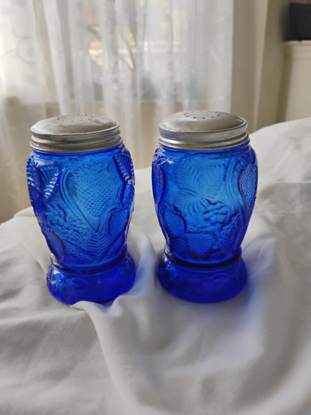 Vintage cobalt blue inverted strawberry and leaves salt and pepper shakers